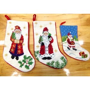 Vintage Needlepoint Christmas Stocking Lot of 3 Santa Velvet Backing‎